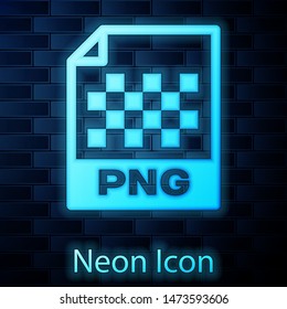 Glowing Neon PNG File Document Icon. Download Png Button Icon Isolated On Brick Wall Background. PNG File Symbol