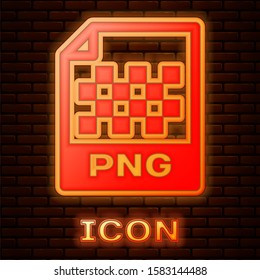 Glowing Neon PNG File Document. Download Png Button Icon Isolated On Brick Wall Background. PNG File Symbol.  