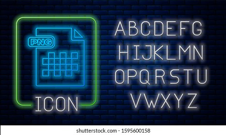 Glowing Neon PNG File Document. Download Png Button Icon Isolated On Brick Wall Background. PNG File Symbol. Neon Light Alphabet. 