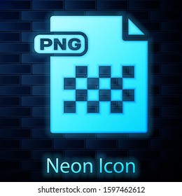 Glowing Neon PNG File Document. Download Png Button Icon Isolated On Brick Wall Background. PNG File Symbol.  