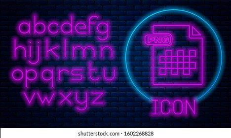 Glowing Neon PNG File Document. Download Png Button Icon Isolated On Brick Wall Background. PNG File Symbol. Neon Light Alphabet. 