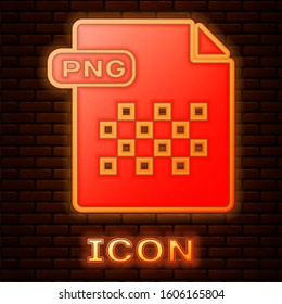 Glowing Neon PNG File Document. Download Png Button Icon Isolated On Brick Wall Background. PNG File Symbol.  