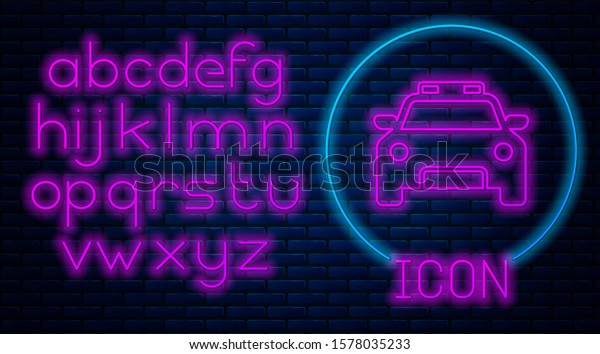 Glowing neon Police car and police flasher icon isolated\
on brick wall background. Emergency flashing siren. Neon light\
alphabet. 