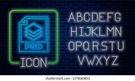 Glowing Neon PSD File Document. Download Psd Button Icon Isolated On Brick Wall Background. PSD File Symbol. Neon Light Alphabet. 