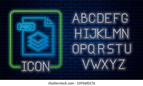 Glowing Neon PSD File Document. Download Psd Button Icon Isolated On Brick Wall Background. PSD File Symbol. Neon Light Alphabet. 