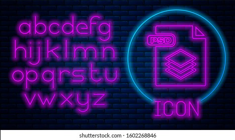 Glowing Neon PSD File Document. Download Psd Button Icon Isolated On Brick Wall Background. PSD File Symbol. Neon Light Alphabet. 