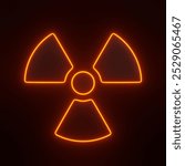 A glowing neon radioactive hazard symbol in bright orange, representing radiation or nuclear danger, against a dark background. 3D icon, sign and symbol. 3D render illustration