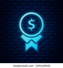 Glowing Neon Reward For Good Work Icon Isolated On Brick Wall Background. Employee Of The Month, Talent Award, Outstanding Achievement, Successful Person.  