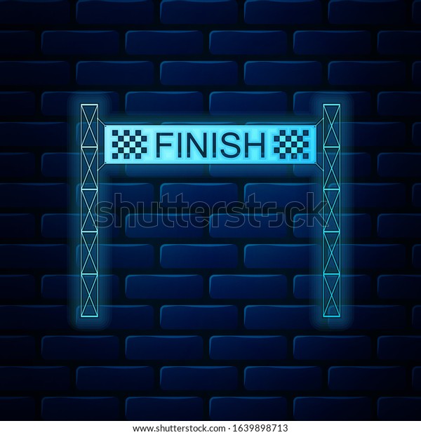 Glowing neon Ribbon in finishing line icon\
isolated on brick wall background. Symbol of finish line. Sport\
symbol or business\
concept