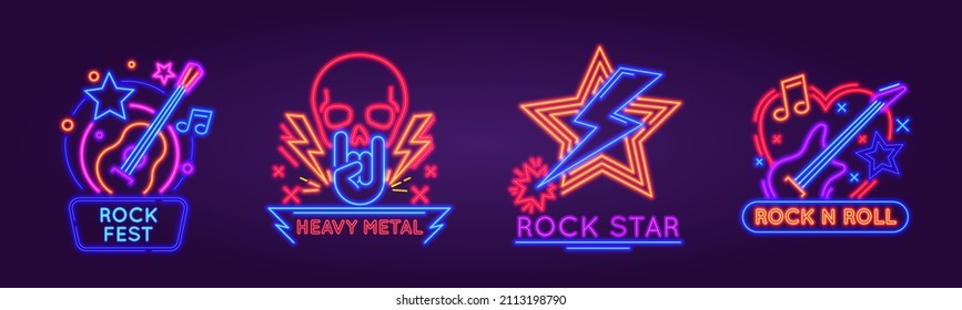 Glowing Neon Signboards For Rock Festival, Band Or Club Logo. Light Sign For Rock N Roll Music Party With Punk Skull And Guitars  Set. Acoustic And Electric Musical Instruments For Heavy Metal