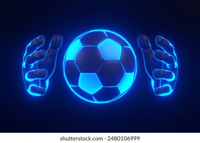 Glowing neon soccer ball held by illuminated hands on a dark background, symbolizing control and skill in sports. 3D render illustration - Powered by Shutterstock