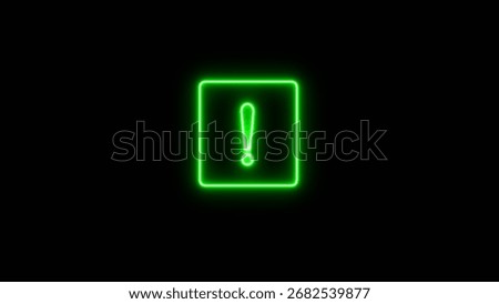 Glowing neon stop or problem road sign. Neon exclamation warning sign on black background.