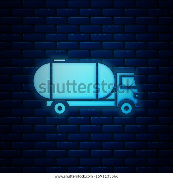 Glowing\
neon Tanker truck icon isolated on brick wall background. Petroleum\
tanker, petrol truck, cistern, oil trailer. \

