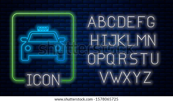 Glowing neon Taxi car icon isolated on brick\
wall background. Neon light alphabet.\
