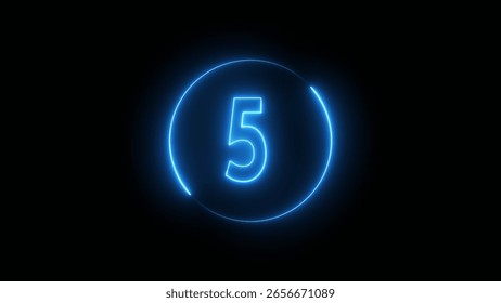 Glowing neon timer number. Neon counting number 5 text illustration.