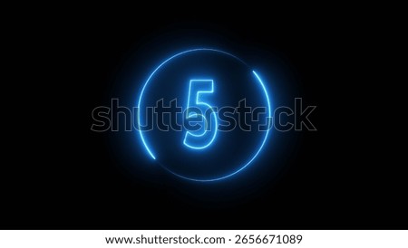 Glowing neon timer number. Neon counting number 5 text illustration.