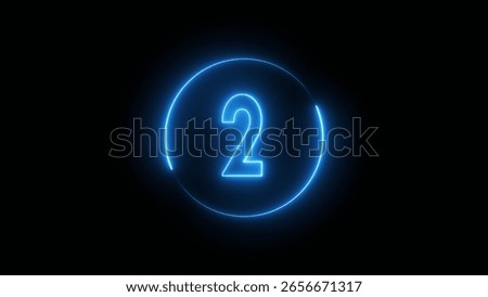 Glowing neon timer number. Neon counting number 2 text illustration.