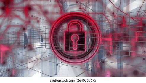 Glowing neon-red padlock floating in data center corridor, with wireframe grid and server racks. Cybersecurity, data protection, digital infrastructure, network security, technology, futuristic,