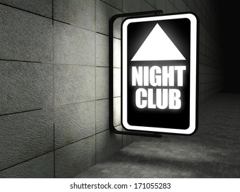 Glowing Night Club Sign At Night On Street