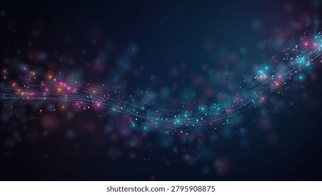Glowing nodes and interconnected lines form a flowing digital wave, symbolizing advanced information technology, big data connectivity, and modern network infrastructure.