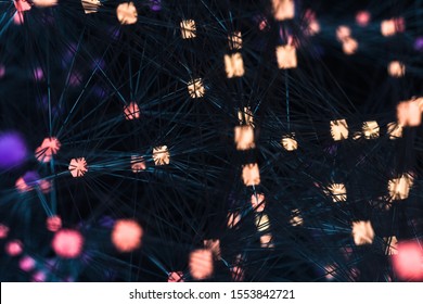 Glowing nodes with variational lines, 3d rendering. Computer digital drawing.