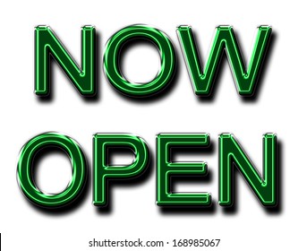 A Glowing NOW OPEN Sign In Green For Use As A Store Sign Or Design Element.