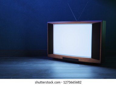 Glowing Old Tv Screen. Old Television On A Dark Background. 3d Illustration