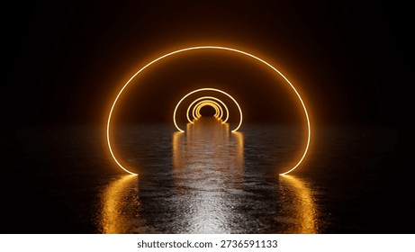 Glowing orange neon circles create a mesmerizing futuristic tunnel, reflecting on a wet floor in a dark environment, enhancing the sense of mystery and energy in the scene