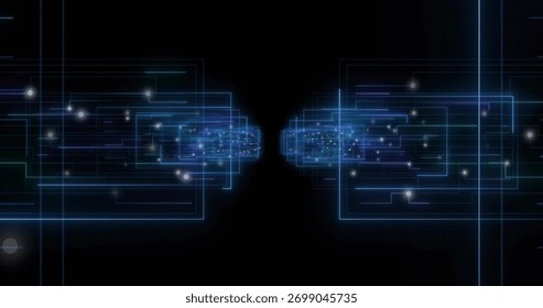 Glowing paired neon blue rectangular clusters facing central gap in black void, emitting particles. Futuristic, circuitry, symmetry, depth, geometry, beams, sparkles