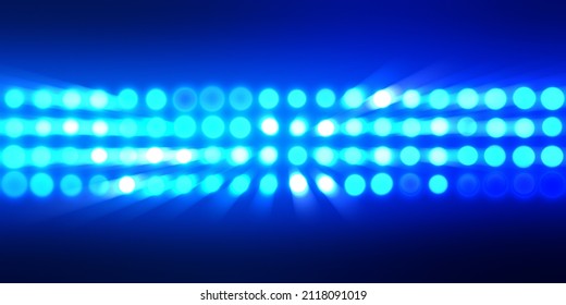 Glowing pattern wallpaper. Glamour background of colorful lights with spotlights. Shining lights party leds on black background. Digital illustration of stage or stadium spotlights. 