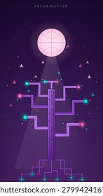 A glowing pink sphere with grid lines hovers above a stylized circuit tree structure against a deep purple cosmic background scattered with geometric triangles and tiny stars, evoking a futuristic digital data network.