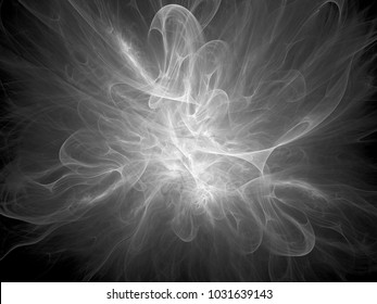 Glowing plasma flame in space, black and white, computer generated abstract texture for overlay or screen effect, 3D rendering