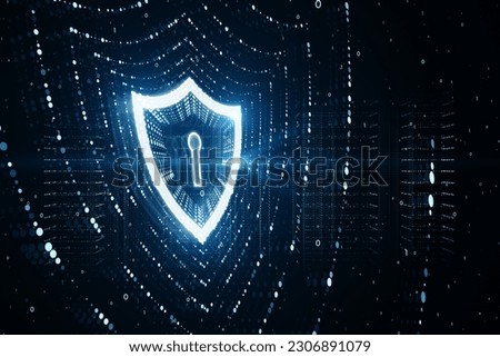 Glowing polygonal web security shield hologram on blurry wallpaper. Digital interface and protection concept. 3D Rendering