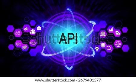 Glowing purple and blue atomic structure with the word API in the center. Surrounding hexagons contain white icons representing business and technology concepts.
