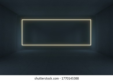 Glowing rectangle lines in the dark tunnel, 3d rendering. Computer digital drawing.
