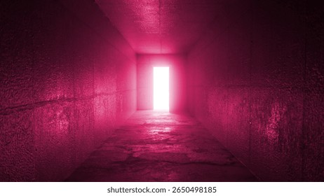 Glowing rectangular doorway illuminating the far end of a long pink concrete corridor, featuring textured walls and a rough floor, creating a mysterious and surreal atmosphere