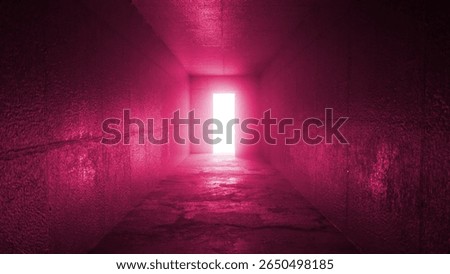 Glowing rectangular doorway illuminating the far end of a long pink concrete corridor, featuring textured walls and a rough floor, creating a mysterious and surreal atmosphere