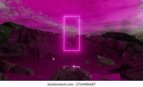 Glowing rectangular portal floats above shimmering water, surrounded by a rugged rocky landscape and bathed in a vibrant pink sky, creating a surreal, otherworldly atmosphere