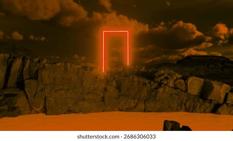 Glowing rectangular portal illuminating a rocky coastline under a dramatic, cloudy sky, inviting thoughts of mystery and otherworldly adventures in a surreal landscape