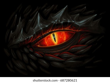 Glowing Red Eye Of Black Dragon. Digital Painting. 