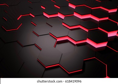 Glowing Red Hexagon Pattern Background. 3D Rendering