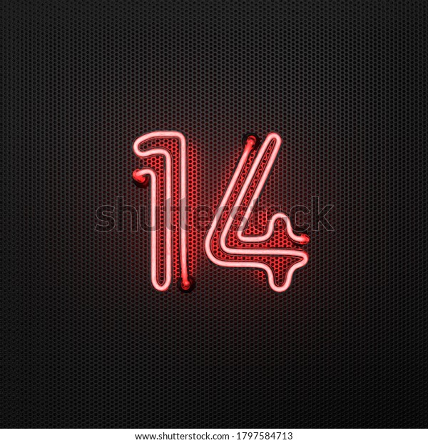  Glowing red neon number 14\
(number fourteen) on a perforated metal background. 3D\
illustration