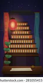 A glowing red paper lantern illuminates a tiered wooden bookshelf filled with colorful volumes, set against a starry night sky with hanging banners and a small bonsai tree, while a scroll and teacup rest on a table in the foreground.