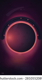 Glowing red solar eclipse illustration with a dark moon obscuring the sun surrounded by a luminous corona against a deep purple starry sky.