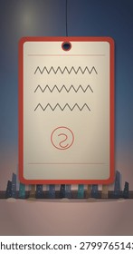 A glowing red-bordered document hangs suspended against a dusky twilight sky, displaying rows of cryptic zigzag text and a circled question mark above a silhouetted cityscape.