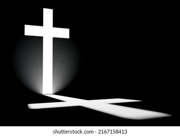 Glowing religious cross. Christian crucifix in minimalistic style. Glowing catholic cross on black. Symbol of Christian religion. Religious crucifix in dark. Christian confession. 3d rendering.
