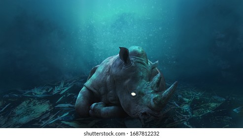Glowing Rhino Underwater, fantasy rhino, glowing eyes, rhino 4k wallpaper, rhino background, fantasy wallpaper, fantasy background