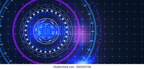 Glowing round digital blue interface on dark grid background with mock up place. HUD, innovation, digital transformation and data concept. 3D Rendernig