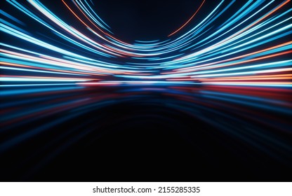 Glowing round illuminated lines with motion blur, 3d rendering. Computer digital drawing.