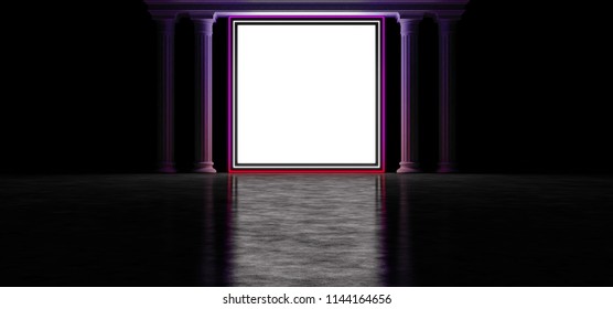 A glowing screen surrounded by a luminous purple frame standing between the ancient columns. Colonade in the dark space. Luminous portal on the sides of which, there are antique columns